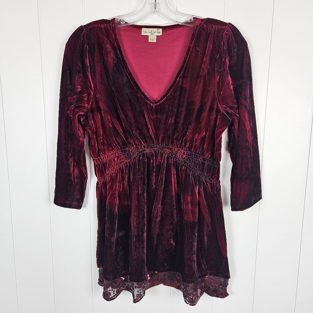 Y2k Babydoll Velvet Shirt Burgundy V Neck 3/4 Sleeves Vintage Vamp Petite Small